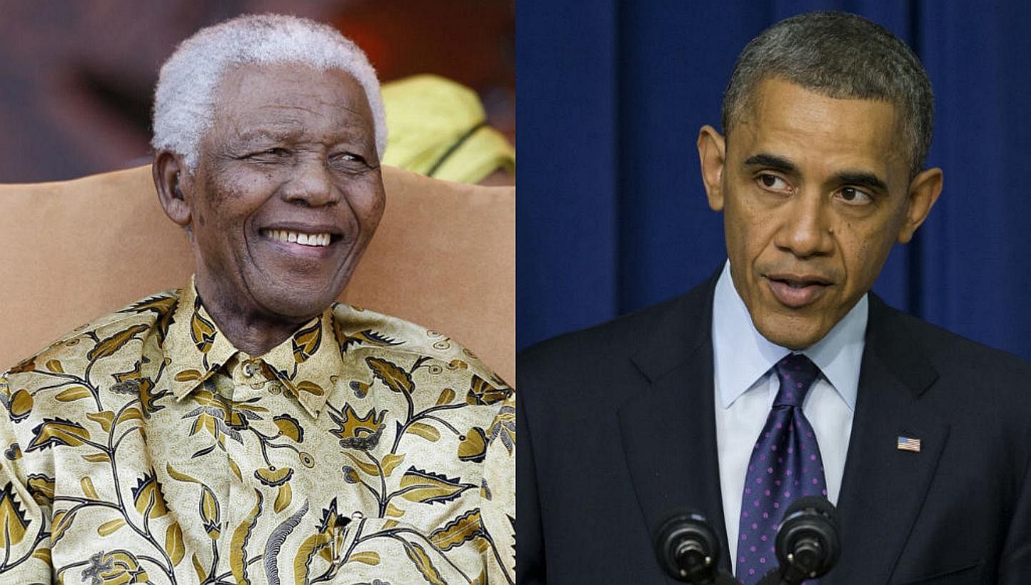 A combination picture of Former South African President Nelson Mandela and President Barack Obama. -- FILE PHOTOS: AFP/AP