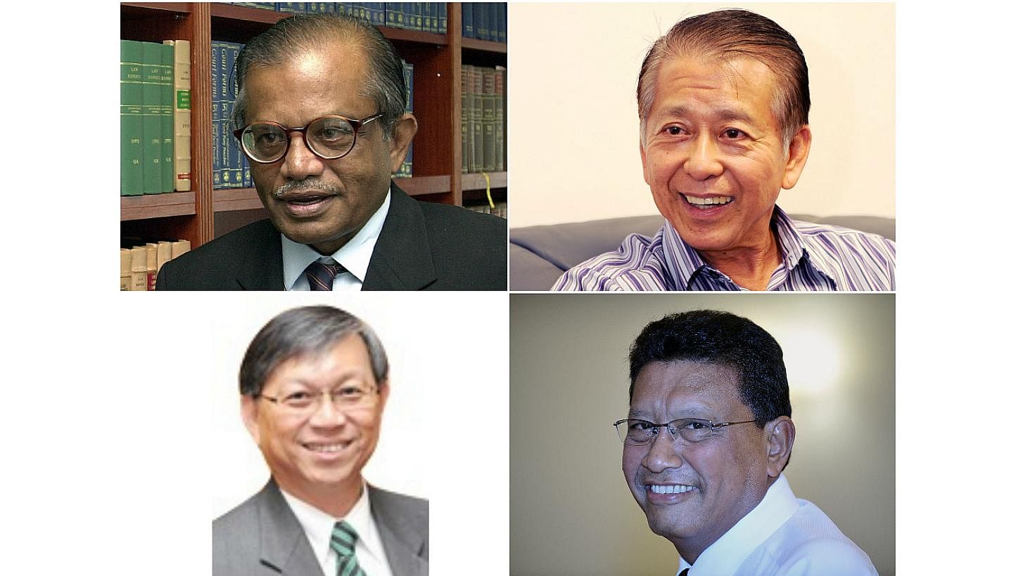 The four-member Committee of Inquiry to look into the riot at Little India will be chaired by former judge of the Supreme Court G. Pannir Selvam (top left). Other members are (clockwise from top right) former commissioner of police Tee Tua Ba, former