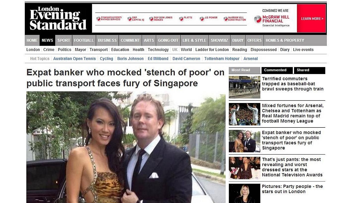 A report about Mr Anton Casey on the London Evening Standard's website.&nbsp;The British wealth fund manager, who referred to public transport commuters in Singapore as "poor people" in a Facebook post, has grabbed headlines in his home country.&nbsp