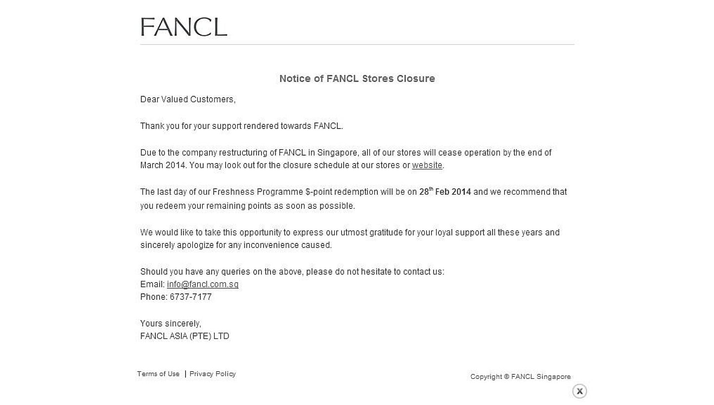 As part of a restructuring plan, Japanese skincare brand Fancl will close its 13 stores in Singapore by the end of March.&nbsp;&nbsp;-- PHOTO: SCREENGRAB OF FANCL SINGAPORE WEBSITE&nbsp;