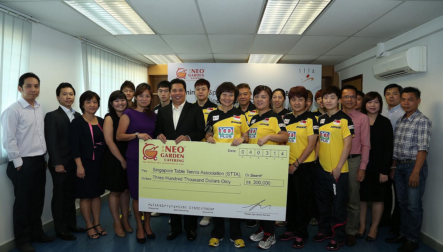 The Singapore Table Tennis Association (STTA) has signed a $300,000 cash sponsorship agreement with local business Neo Garden Catering. -- ST PHOTO: SINGAPORE TABLE TENNIS ASSOCIATION