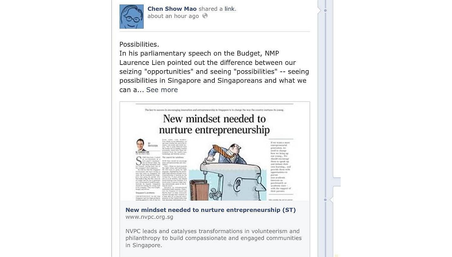 Workers' Party member and Aljunied GRC MP Chen Show Mao&nbsp;pondered on what Nominated MP Laurence Lien said about opportunities and possibilities during the Budget debate this week. -- PHOTO: SCREENGRAB