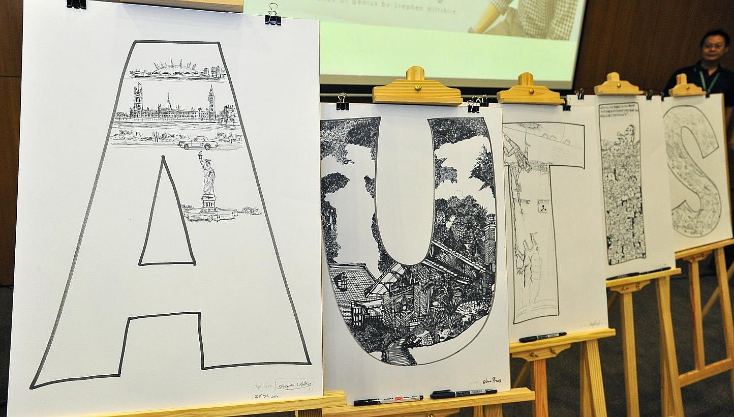 Sketch by Stephen Wiltshire on the extreme left, together with other sketches done by students from Pathlight School's Artist Development Program on July 21, 2014. -- ST PHOTO: LIM YAOHUI FOR THE STRAITS TIMES