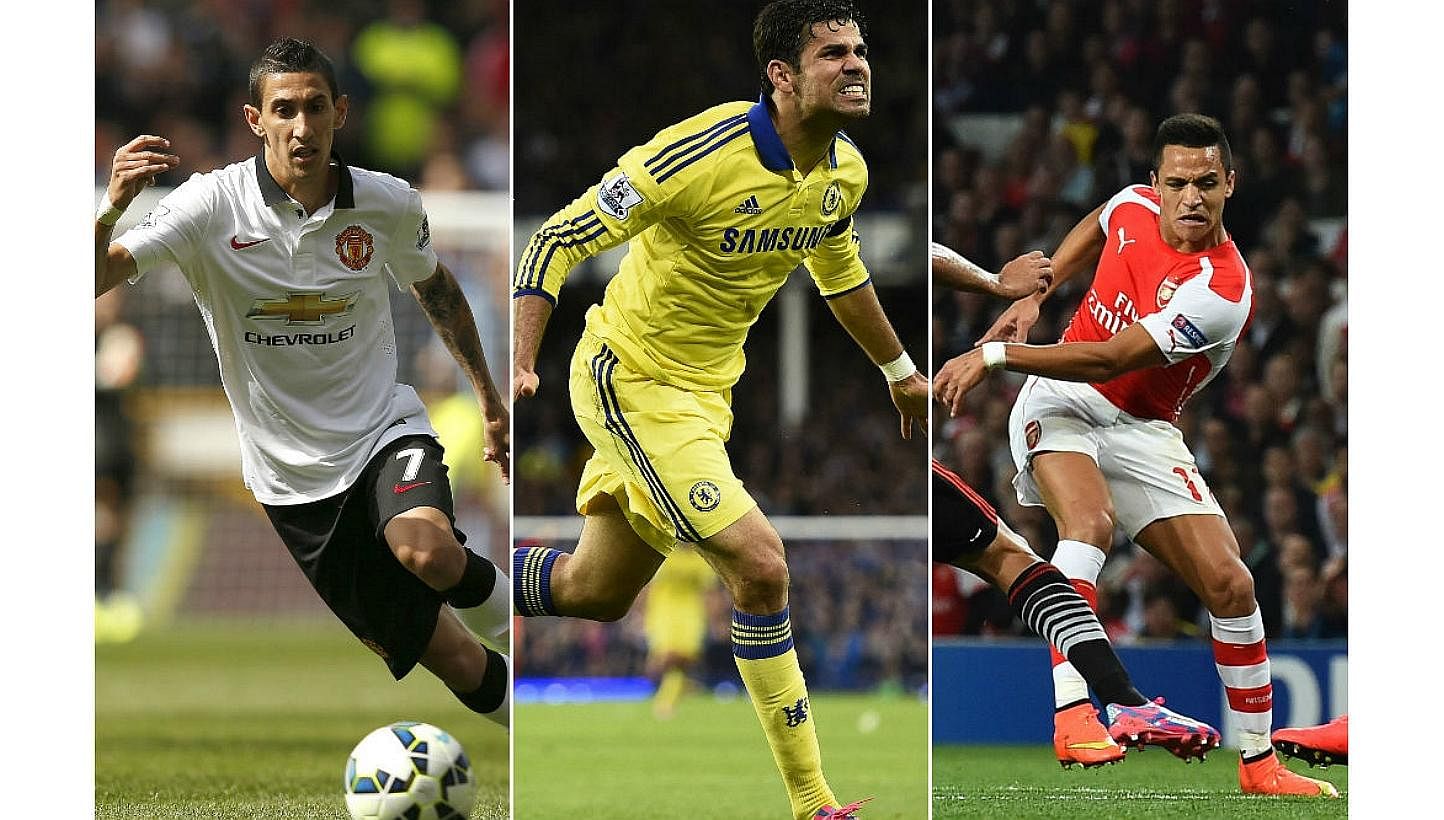 (From left) Manchester United midfielder Angel di Maria, Chelsea striker Diego Costa and Arsenal forward Alexis Sanchez all made big money moves to the English Premier League. -- PHOTOS: AFP, REUTERS