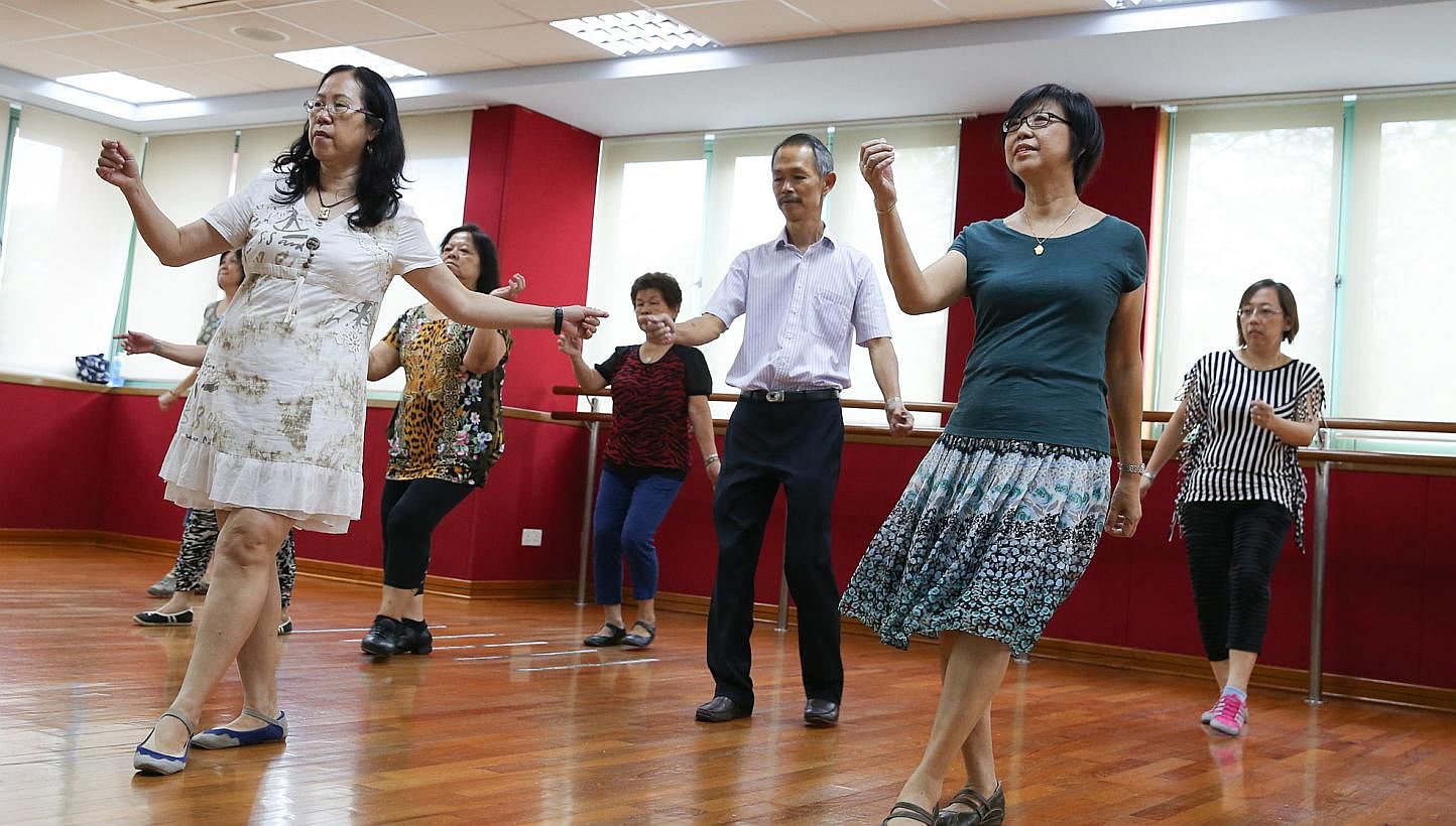 Participants at a folk dance class at a community centre. To help spread the message of life-long learning among Singaporeans, the Lifelong Learning Council has been set up by the Singapore Workforce Development Agency.&nbsp;&nbsp; &nbsp;-- ST PHOTO: