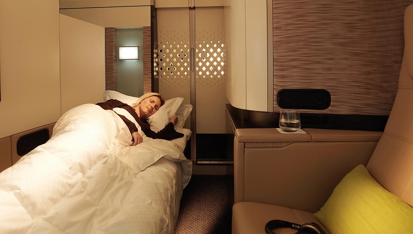 The Residence is a three-room suite that includes a living room and a double bed, while each First Apartment houses a lounge chair and a full-length ottoman that opens into a flat bed (above).&nbsp;--&nbsp;PHOTO: ETIHAD AIRWAYS