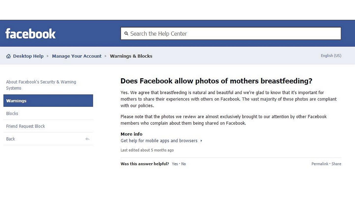 A screenshot on Facebook outlining the social media network's stance on allowing photos of mothers breastfeeding. -- PHOTO: FACEBOOK