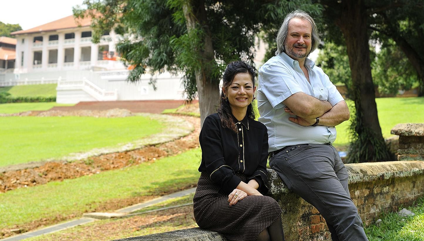 Ms Suguna Madhavan, chief executive of Art Heritage Singapore, and founder of Pinacotheque de Paris Marc Restellini (both left) at the Fort Canning site where the first offshoot of the Parisian museum outside of France will be.