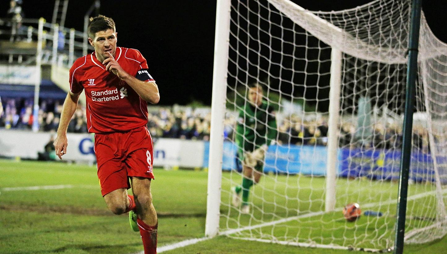Liverpool's Steven Gerrard celebrates scoring his first goal against Wimbledon during a FA Cup third round football match at the Cherry Red Records Fans Stadium, Kingsmeadow on Jan 5, 2015. -- PHOTO: ACTION IMAGES
