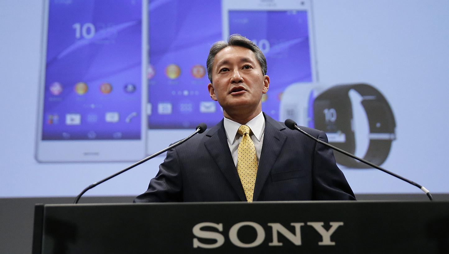 Sony chief executive officer Kazuo Hirai speaking during an investors' conference in Tokyo on Nov 18, 2014. Mr Hirai has praised employees and partners of the company's Hollywood movie studio for standing up to "extortionist efforts" of hackers who a