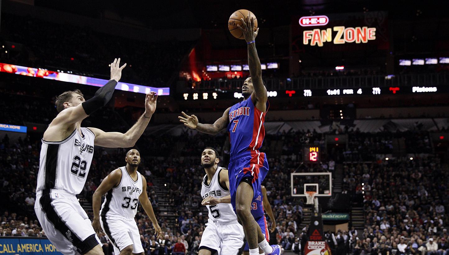 Detroit Pistons point guard Brandon Jennings (7) shoots the ball as San Antonio Spurs power forward Tiago Splitter (22) defends. -- PHOTO: SOOBUM IM/USA TODAY SPORTS&nbsp;