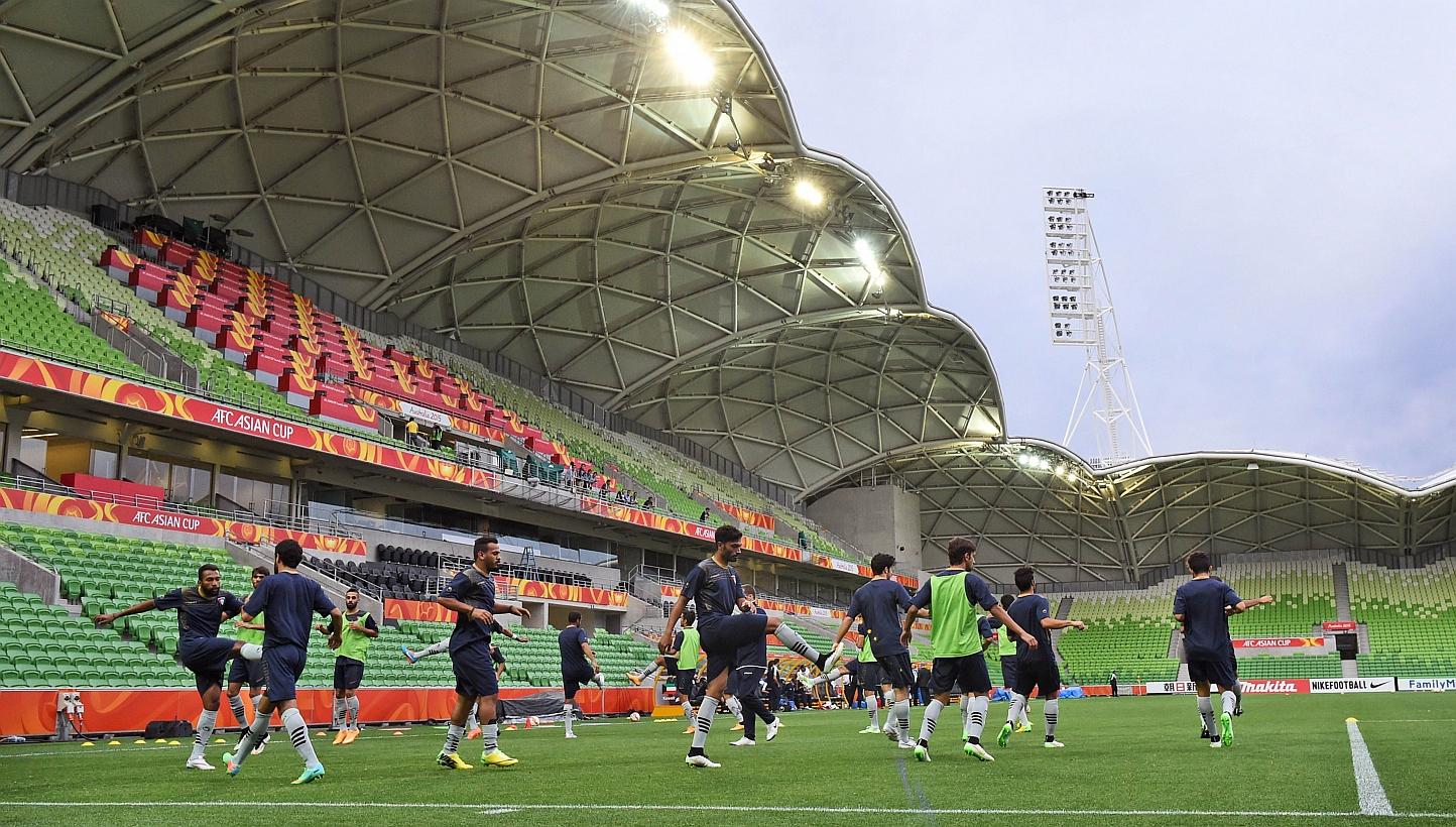 Kuwait's football team go through their exercises in the final training session ahead of the Asian Cup in Melbourne on Jan 8, 2015. Australia and Kuwait play the opening match of the AFC Asian Cup on Jan 9, 2015. -- PHOTO: AFP