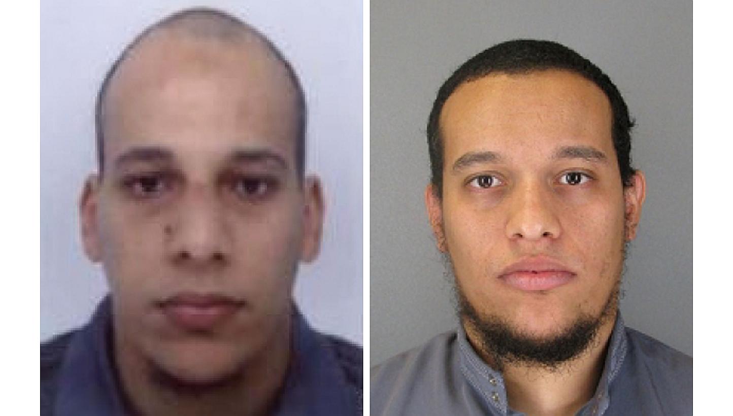 This combo shows handout photos released by French Police in Paris early on Jan 8, 2015, of suspects Cherif Kouachi (left), aged 32, and his brother Said Kouachi (right), aged 34, wanted in connection with an attack at the satirical weekly Charlie He