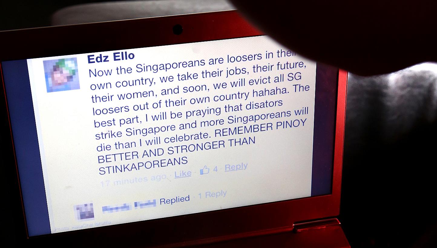 An anti-Singaporean Facebook post, purportedly made by Filipino Ed Mundsel Bello Ello, went viral over the weekend. Mr Ello, who is a nurse at Tan Tock Seng Hospital has since been dismissed. -- PHOTO: THE NEW PAPER 
