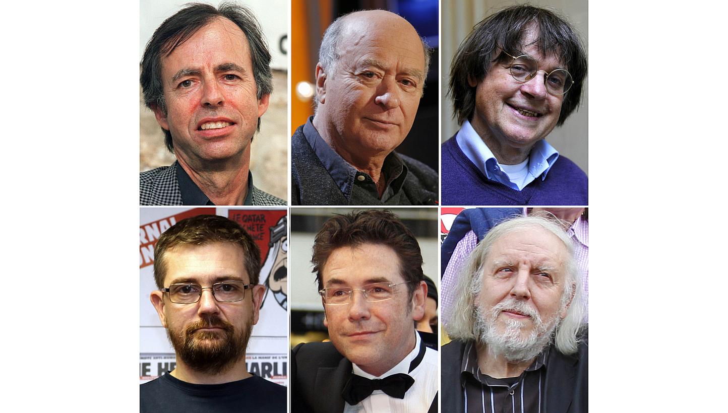 A combination of file photos made on Jan 7, 2015 shows (from top left) French satirical weekly Charlie Hebdo's deputy chief editor Bernard Maris and cartoonists Georges Wolinski, Jean Cabut, Stephane Charbonnier, Bernard Verlhac and Philippe Hon