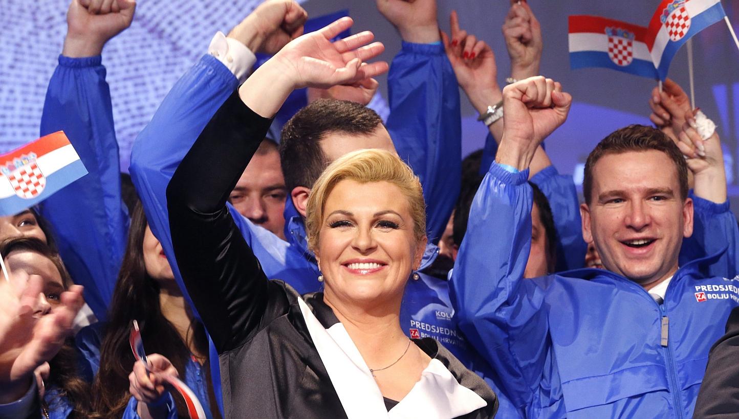 Kolinda Grabar-Kitarovic celebrates her victory against Ivo Josipovic in the presidential elections in Zagreb, Croatia, on Jan 11, 2015. Conservative Kolinda Grabar-Kitarovic was elected Croatia's first female president on Sunday, narrowly winni