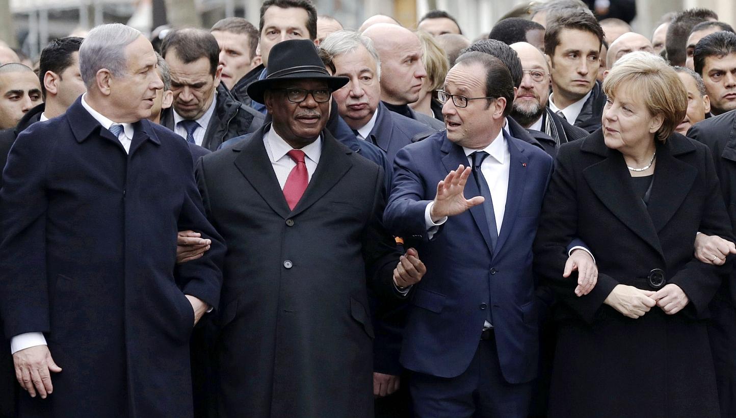 (From left) Israeli Prime Minister Benjamin Netanyahu, Malian President Ibrahim Boubacar Keita, French President Francois Hollande and German Chancellor Angela Merkel take part in a Unity rally “Marche Republicaine” in Paris on Jan 11, 2015.&nbsp