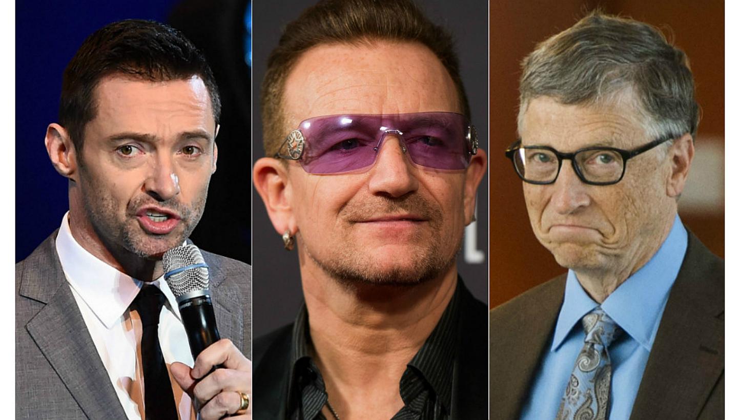 (From left) actor Hugh Jackman, singer Bono and Microsoft founder Bill Gates. -- PHOTO: AFP