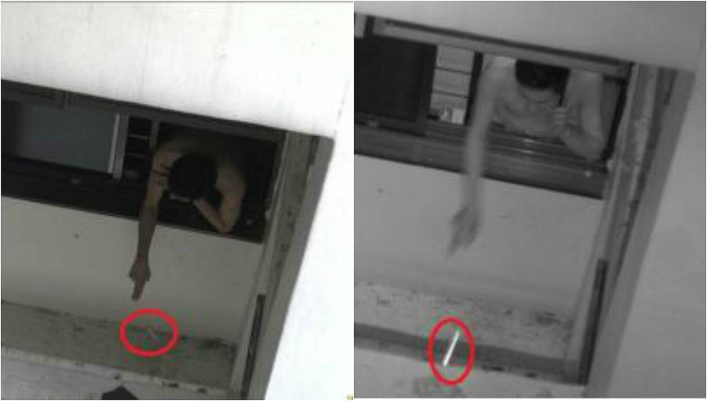 Images of the man throwing cigarettes out of his window. The 38-year-old committed 34 acts of high-rise littering by repeatedly throwing out cigarette butts from his home at Block 224C Compassvale Walk, the National Environment Agency (NEA) said in a