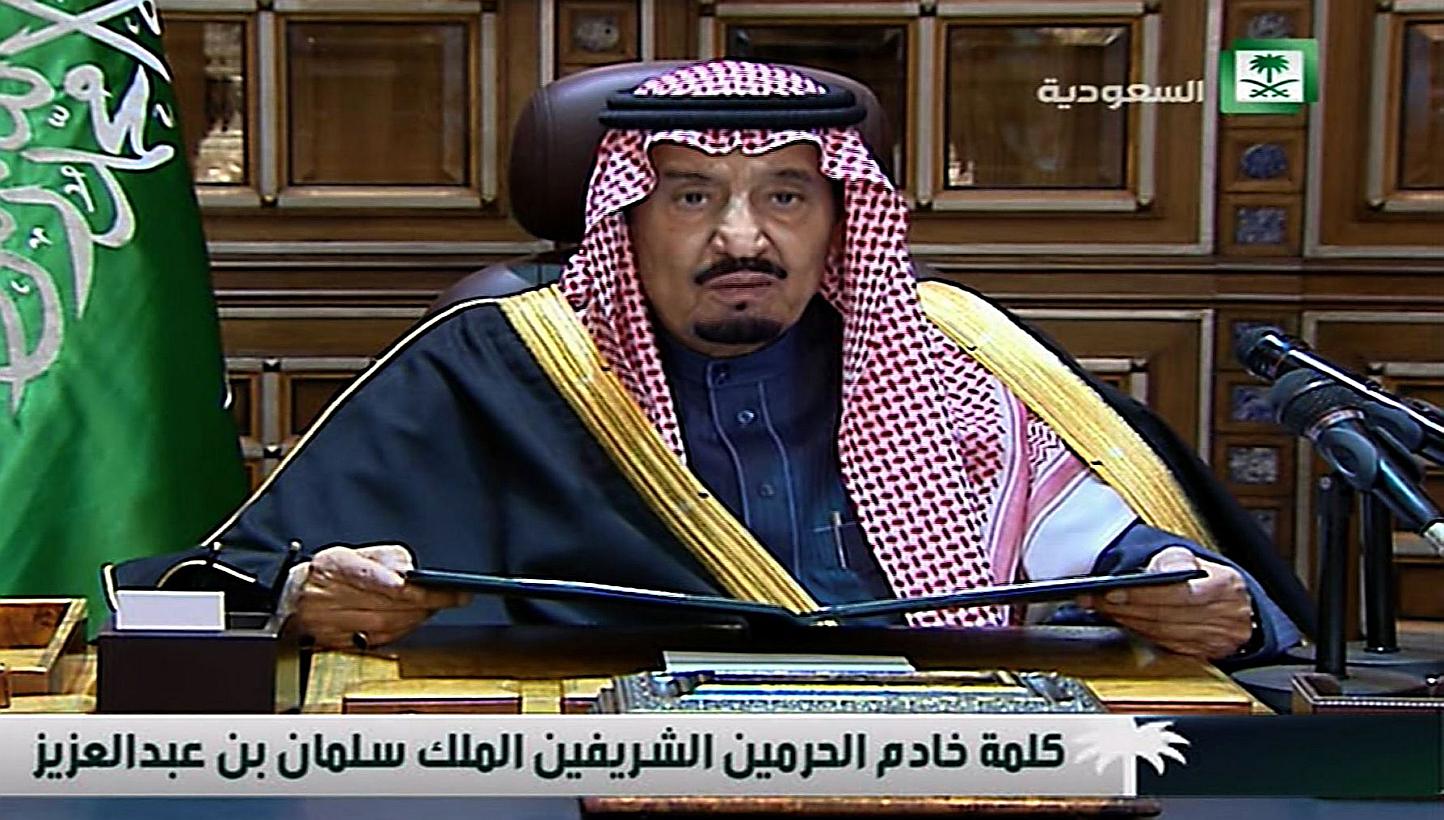 An image grab taken from Saudi state TV on Jan 23, 2015, shows Saudi Arabia's new King Salman in his first public address, in the Saudi capital Riyadh. -- PHOTO: AFP
