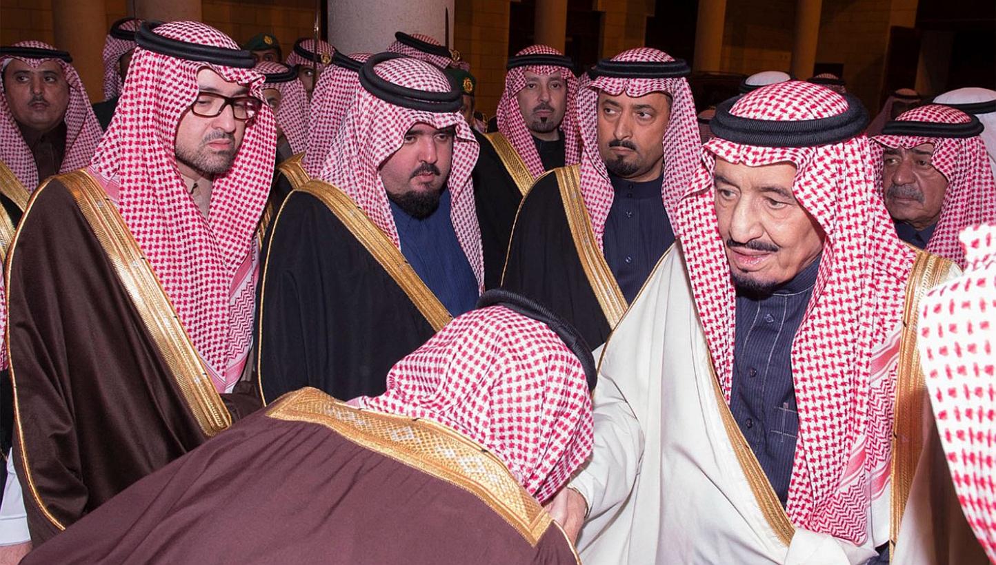 A handout photograph made available by the Saudi Press Agency (SPA) shows new Saudi King, Salman bin Abdul Aziz (right) receiving dignitaries, in Riyadh, Saudi Arabia on Jan 23, 2015. -- PHOTO: EPA