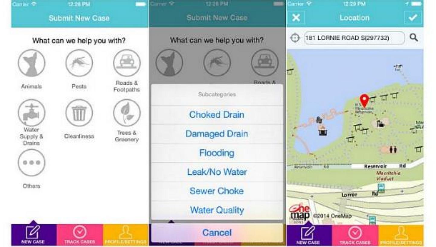 Screenshots of the OneService mobile app launched by the Municipal Services Office on Jan 25, 2014. -- PHOTOS: IPHONE