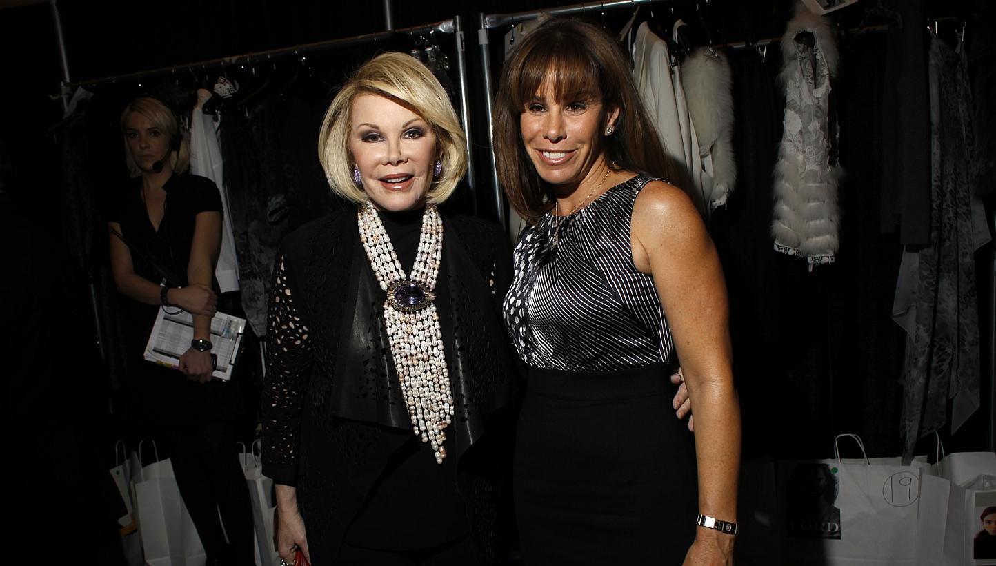 Comedienne Joan Rivers (left) and her daughter, TV personality Melissa Rivers, attending the Elie Tahari Fall/Winter 2011 collection show during New York Fashion Week in this file photo taken Feb 16, 2011. -- PHOTO: REUTERS