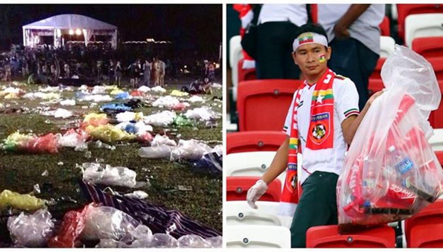 PM Lee posted two contrasting photos - one of the Meadow at Gardens by the Bay covered in litter after some 13,000 people attended the 2015 Laneway Music Festival over the weekend, and the other of Myanmar fans picking up litter at the National Stadi