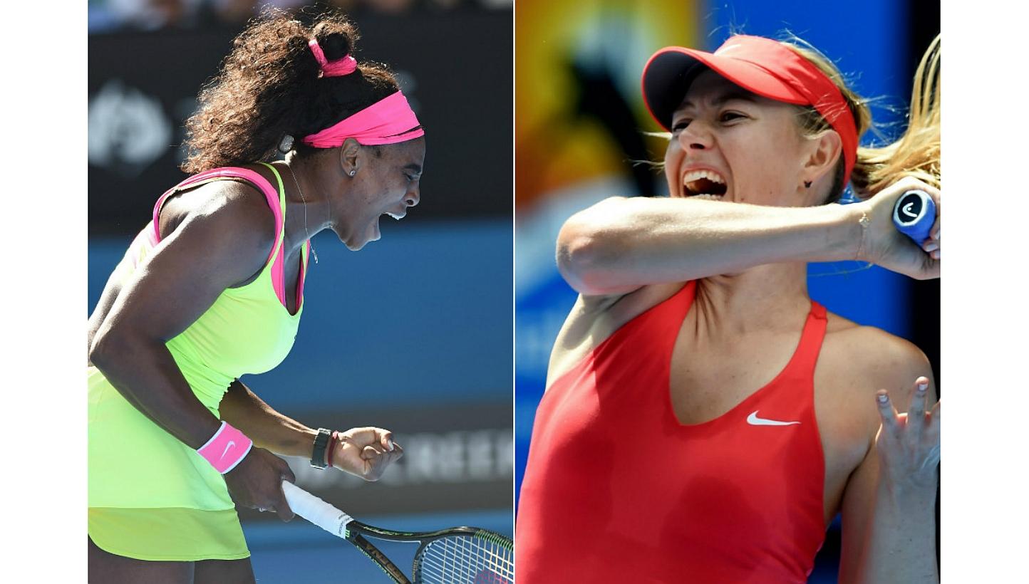 Top seed Serena Williams (left) will meet archrival Maria Sharapova in the Australian Open final after the duo beat Madison Keys and Ekaterina Makarova respectively. -- PHOTOS: EPA