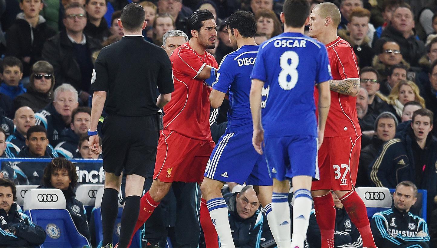 Liverpool's Emre Can (left) has an altercation with Chelsea's Diego Costa (centre) during the English Capital One Cup semi-final soccer match return leg between Chelsea FC and Liverpool FC at Stamford Bridge in London, Britain, 27 Jan 2015. -- PHOTO: