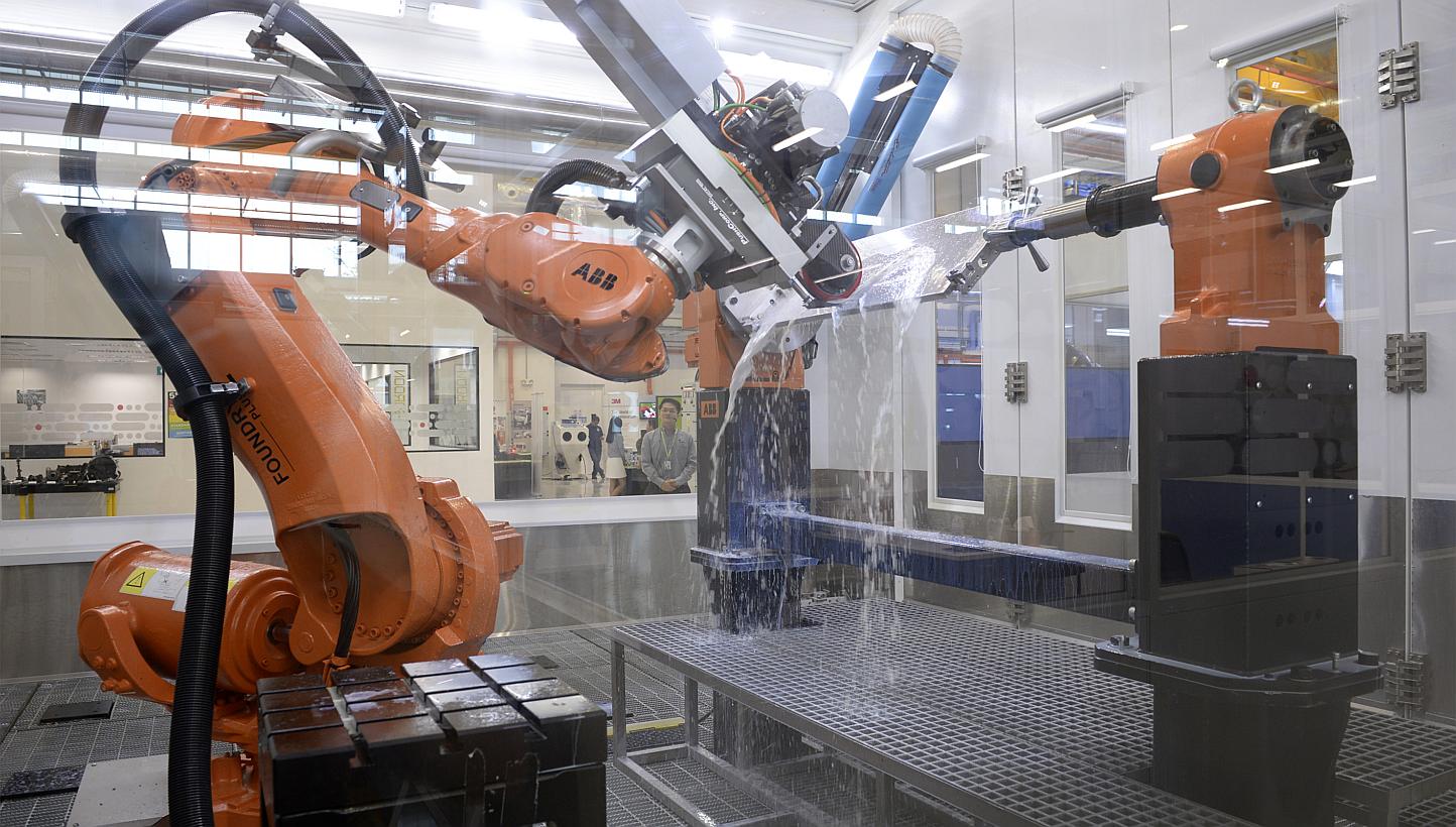 A Robotic Linishing System, which is simulated by Siemens, which has its robotic hardware manufactured by ABB Robotics and it's system integrated by JOT Automation. Singapore will continue to grow its knowledge-intensive industries, like advanced man