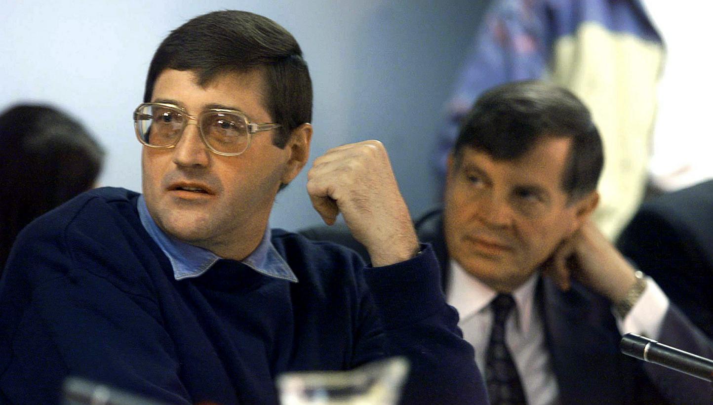 Apartheid death-squad leader Eugene de Kock (left) appears before the Truth And Reconciliation Commission (TRC) amnesty hearing with his lawyer Schalk Hugo in Pretoria in this May 24, 1999 file photo. -- PHOTO: REUTERS