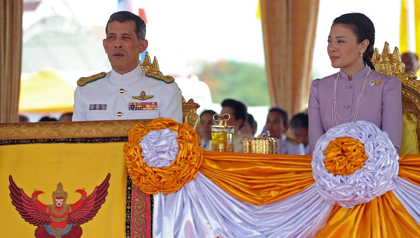 This file picture taken on May 13, 2010 shows Thai Crown Prince Maha Vajiralongkorn (left) and Princess Srirasmi (right) as they attend the annual Royal Ploughing Ceremony at Sanam Luang in Bangkok.&nbsp;Two senior Thai police officers allegedly at t