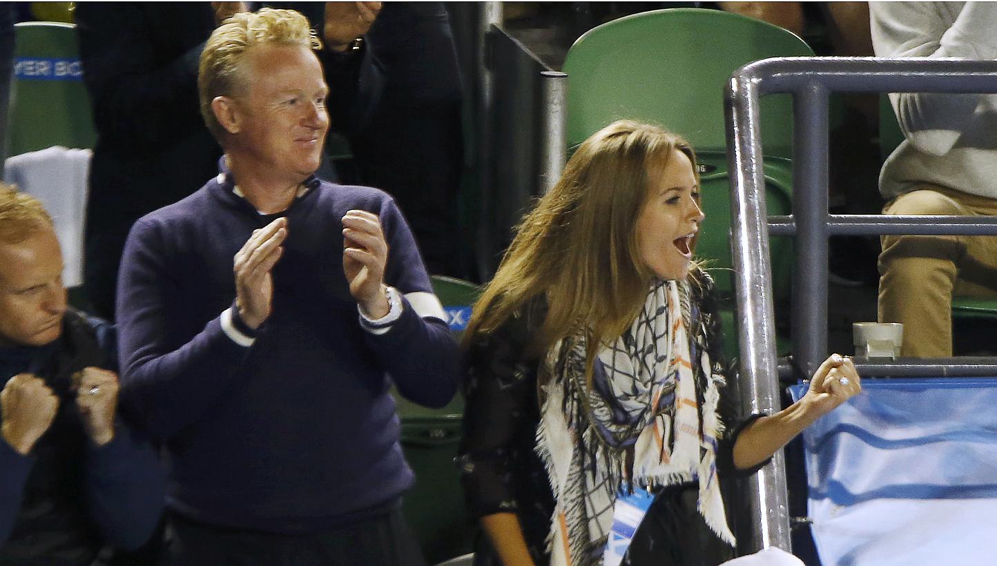 Kim Sears (right), fiancee of Andy Murray of Britain, celebrates after he defeated Tomas Berdych of Czech Republic in their men's singles semi-final match at the Australian Open 2015 tennis tournament in Melbourne on Jan 29, 2015. Andy Murray ha