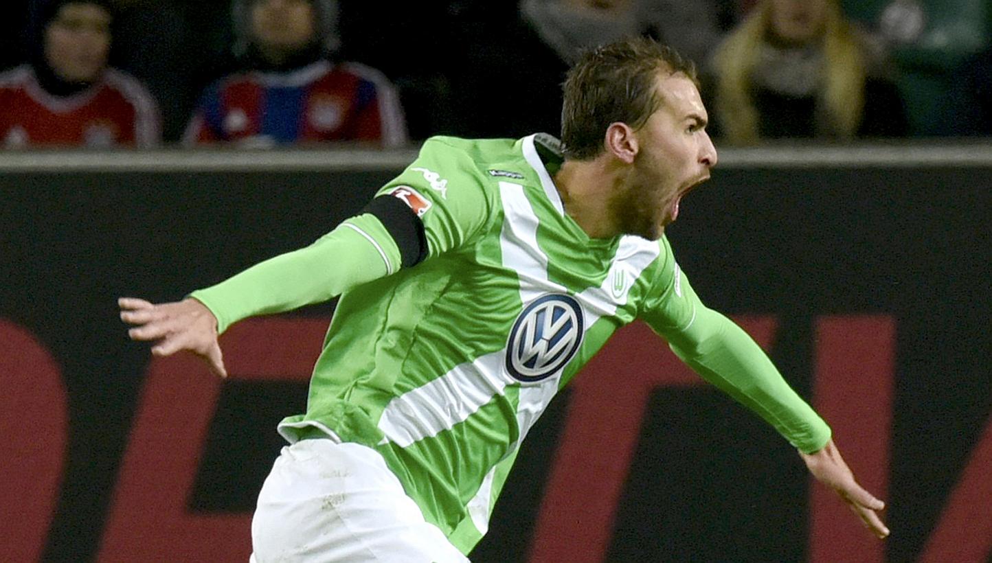 Wolfsburg's Bas Dost celebrates after scoring a second goal against Bayern Munich during their German first division Bundesliga soccer match in Wolfsburg Jan 30, 2015. -- PHOTO: REUTERS
