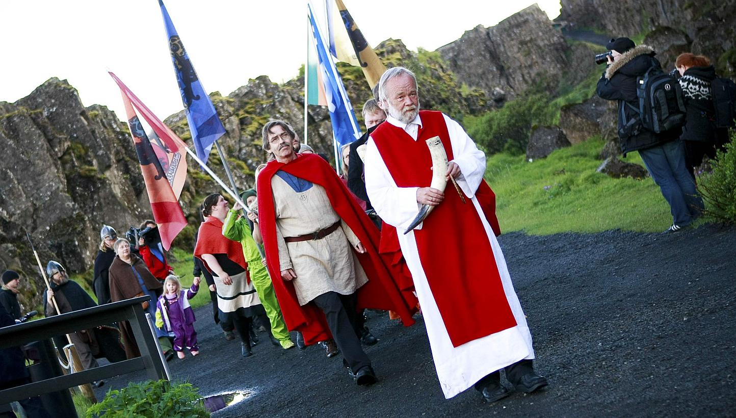 High priest of the Asatru Association, Hilmar Orn Hilmarsson, leading a procession at the Pingvellir National Park near Reykjavik on June 21, 2012. Construction is starting this month on Iceland's first major temple to the Norse gods since the Viking