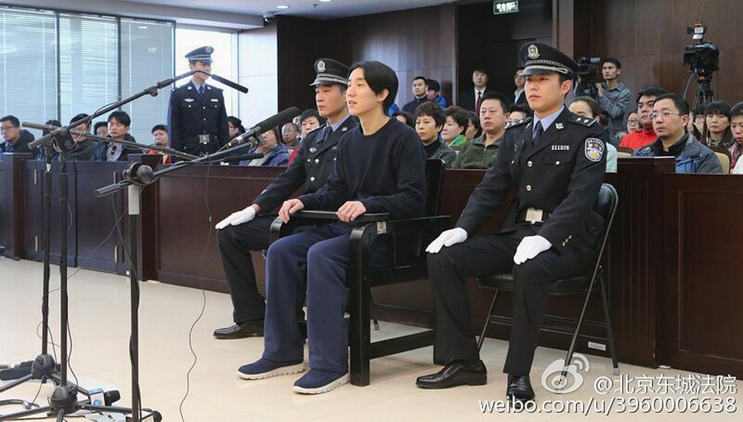 Actor Jaycee Chan attends a trial at a court in Beijing on Jan 9, 2015. Actor Jackie Chan says he and his wife will not be in Beijing to welcome their son Jaycee when he leaves prison. -- PHOTO: REUTERS