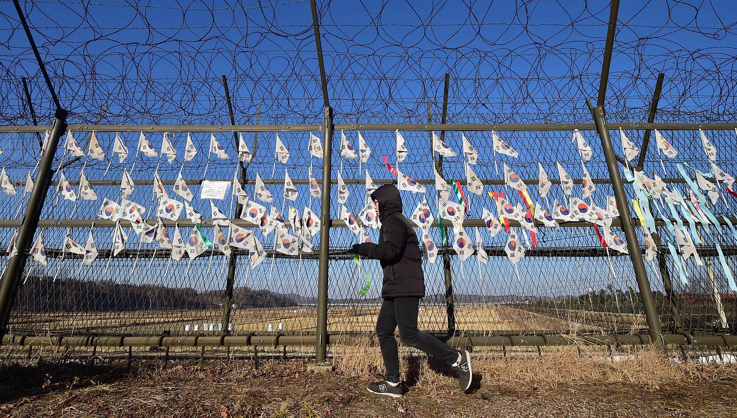 A South Korean tourist walking along a barbed wire fence at the Imjingak peace park at the border city of Paju near the Demilitarized Zone dividing the two Koreas on Jan 1, 2015. An army sergeant has been sentenced to death by a military court for ki