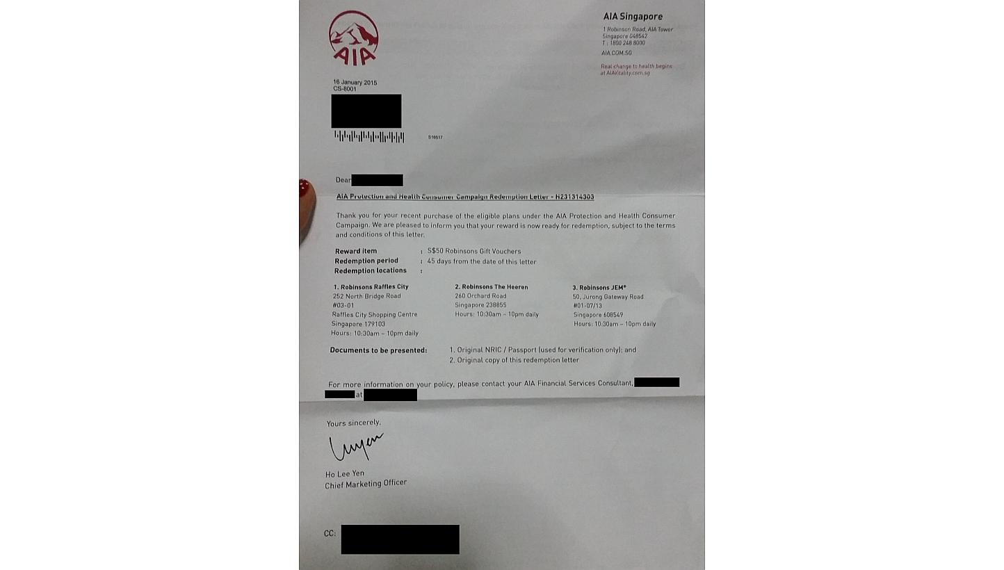 A redemption letter for a $50 shopping voucher that was sent to photographer Ng. -- PHOTO: GRACE TAN