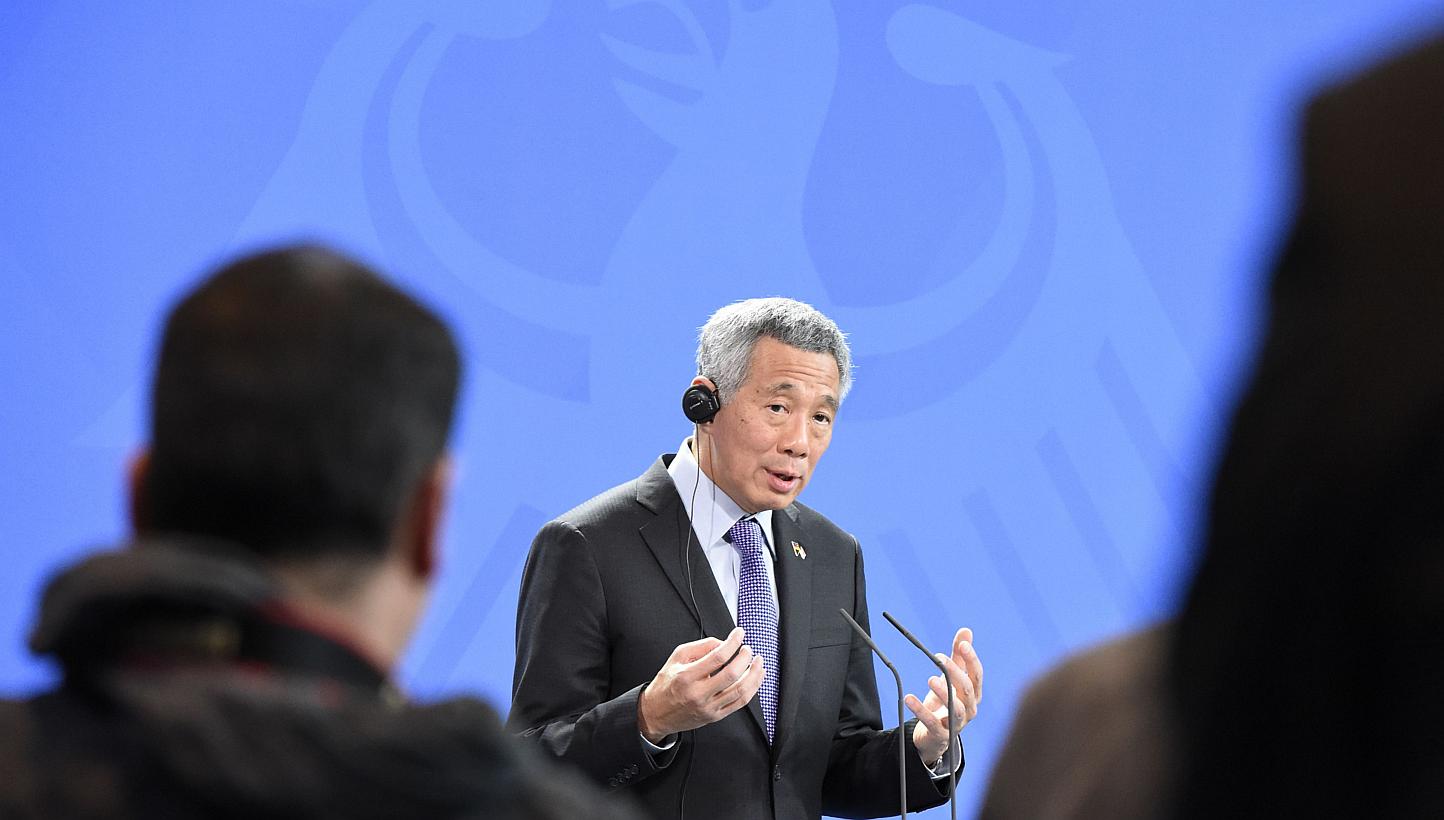 Prime Minister Lee Hsien Loong addressing a news conference at the Chancellery in Berlin on Feb 3, 2015. -- PHOTO: REUTERS