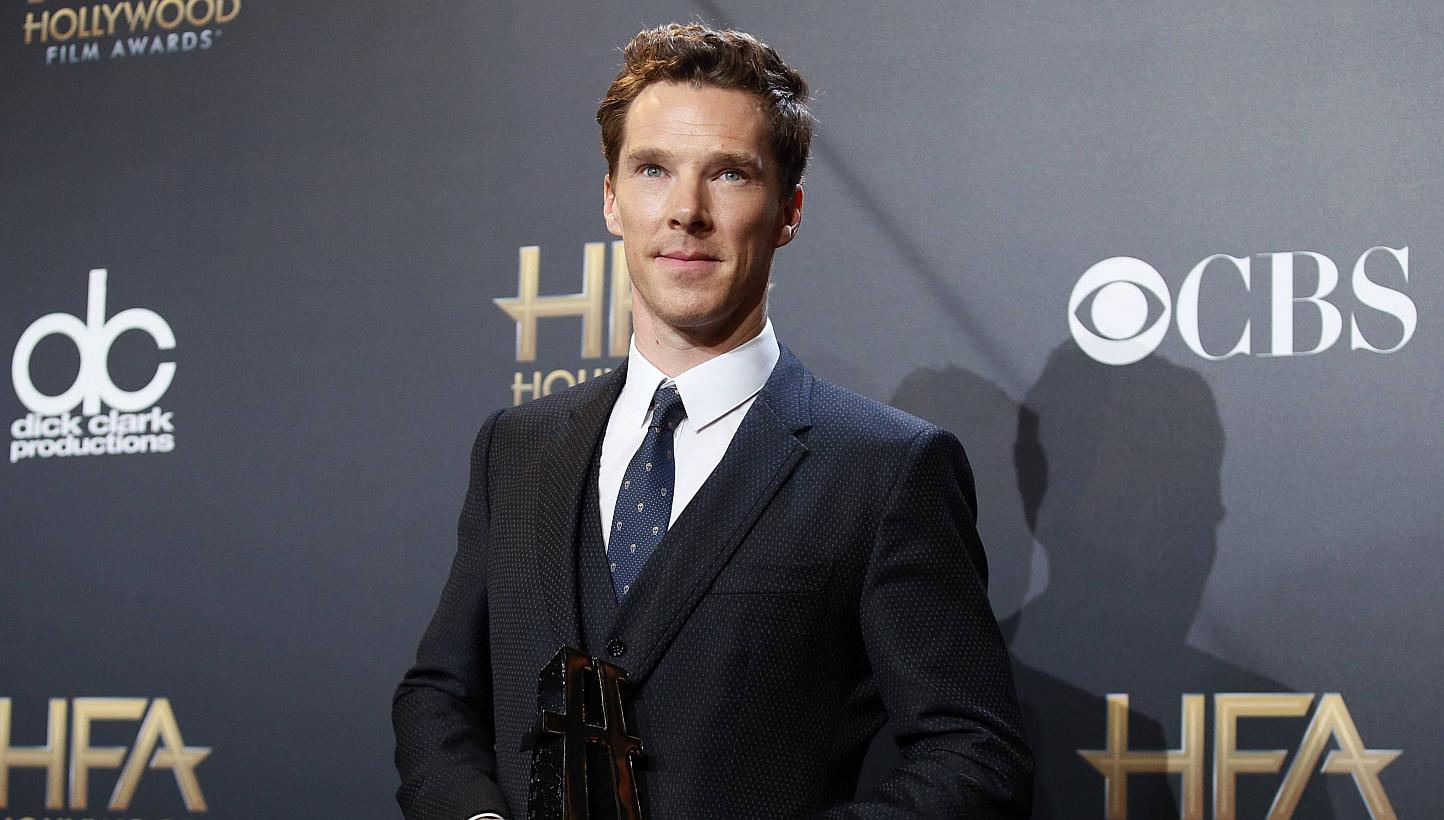 Actor Benedict Cumberbatch posing backstage with his actor award for "The Imitation Game" during the Hollywood Film Awards in Hollywood, California on Nov 14, 2014.&nbsp;-- PHOTO:&nbsp;REUTERS