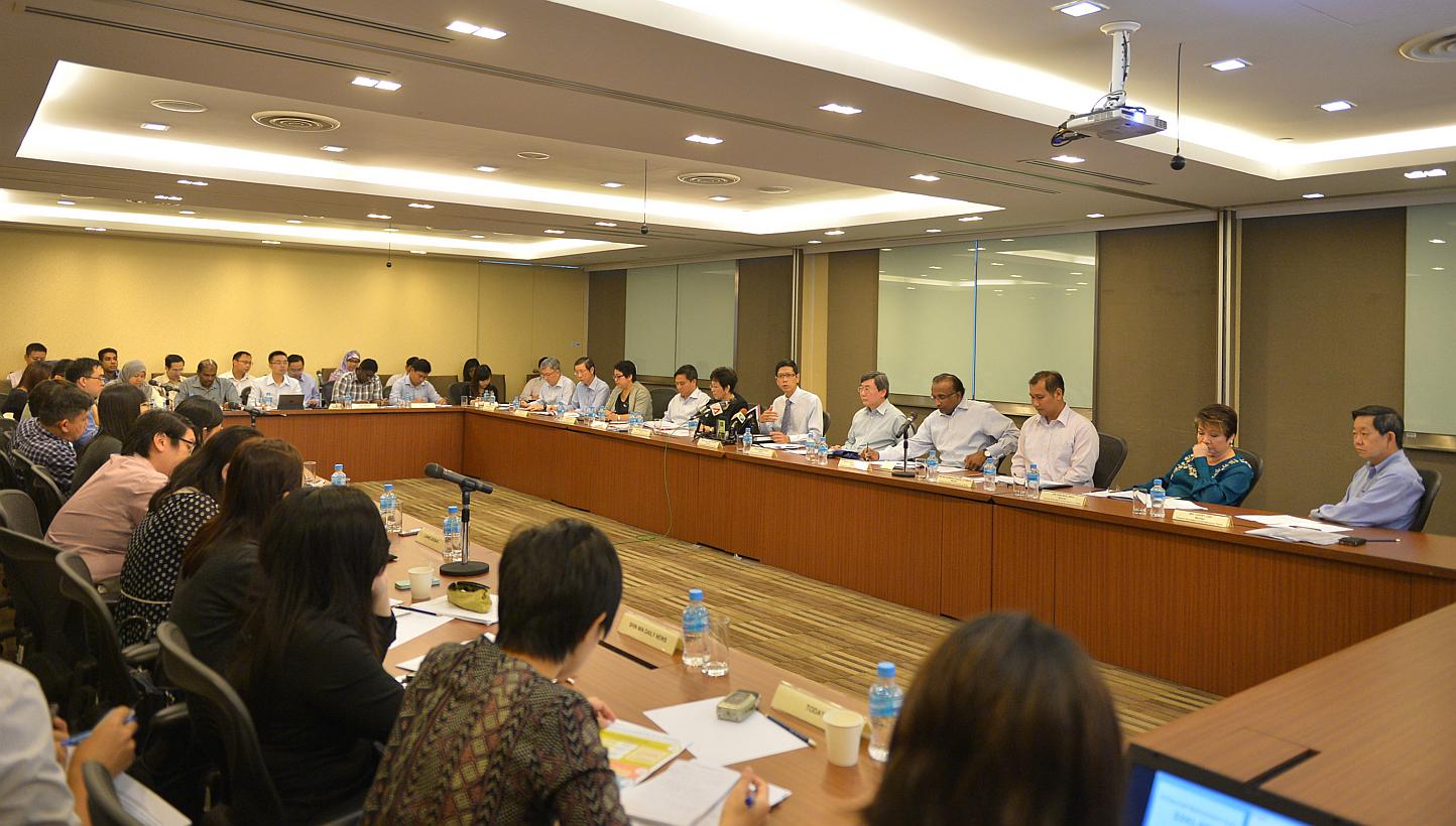 The CPF Advisory Panel holding a press conference on Feb 4, 2015 at the Ministry of Manpower. -- ST PHOTO: ALPHONSUS CHERN