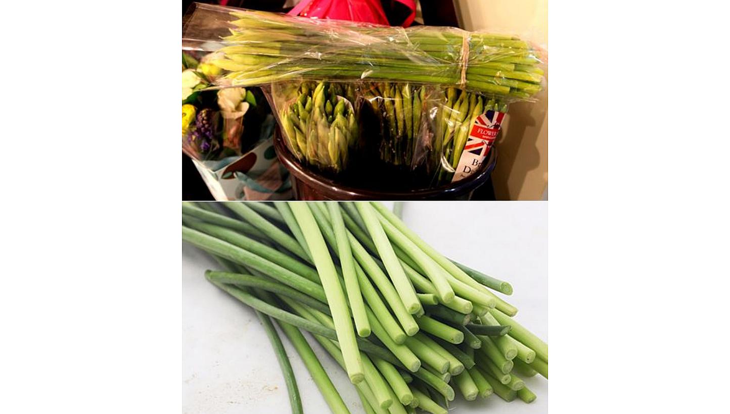 Daffodils (top) have been mistaken for garlic scape (bottom), a Chinese vegetable, but daffodils contain toxins. The National Poisons Information Service of the UK answered 27 calls about daffodil poisoning last year. -- PHOTO: CHINA DAILY