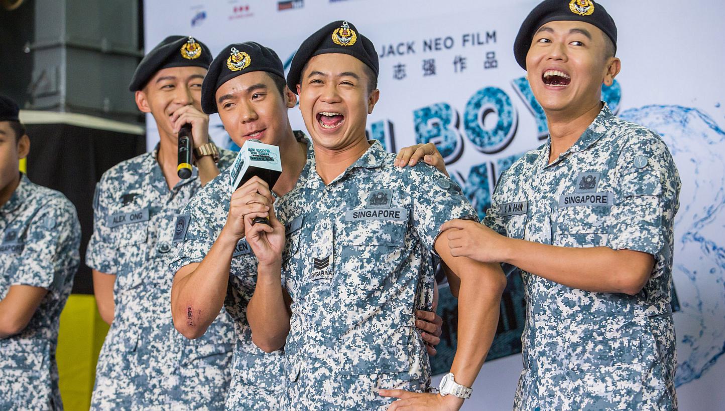 Frogmen cast members (from left) Tosh Zhang, Joshua Tan, Maxi Lim and Jaspers Lai at the press conference for the movie. -- PHOTO: GOLDEN VILLAGE PICTURES
