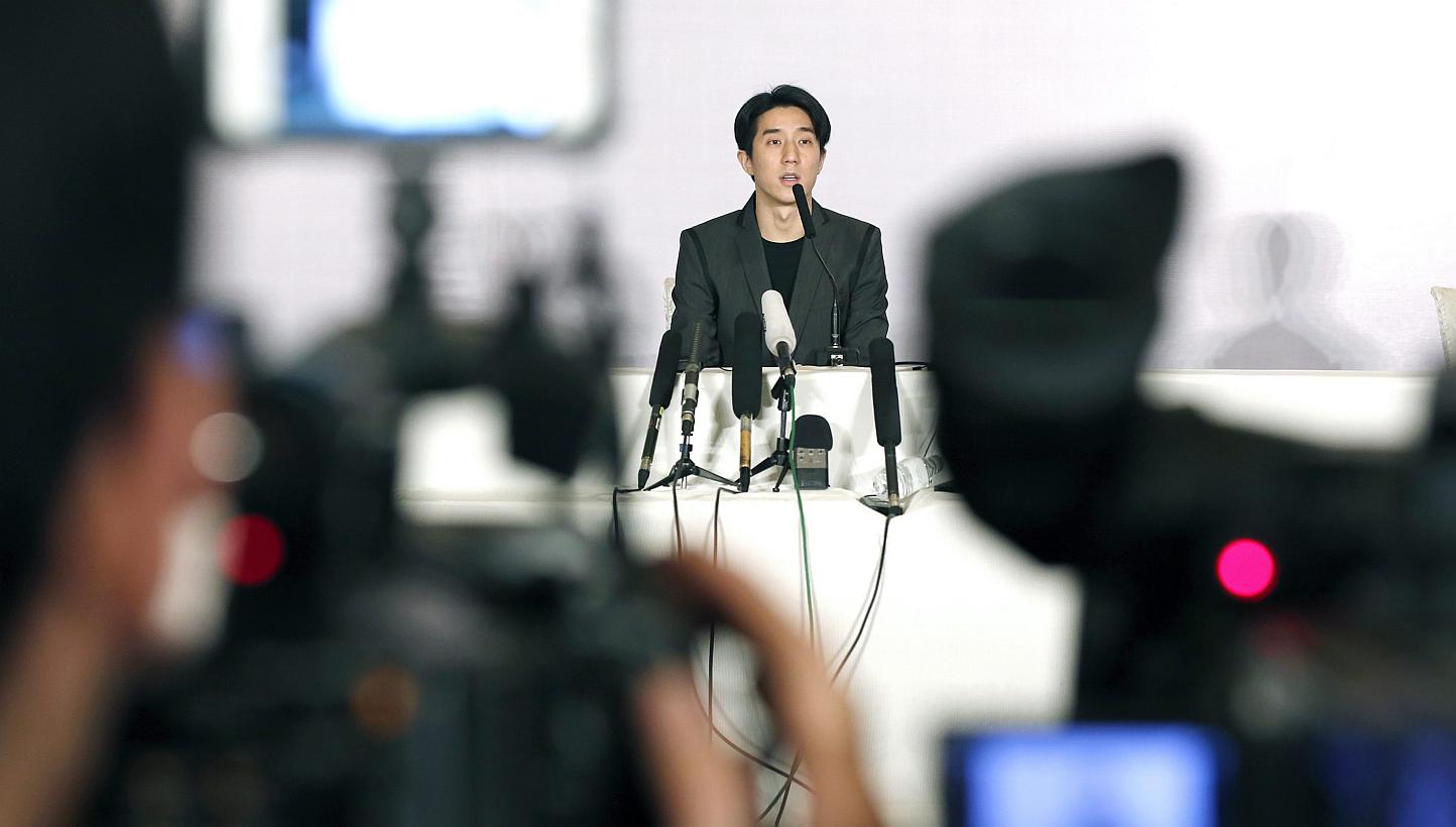Chinese entertainment star Jaycee Chan attends a press conference after his release from prison, in Beijing, China, on Feb 14, 2015. He has been reunited with his mother, retired actress Lin Feng-jiao, in a secret place his agent will not disclose. -