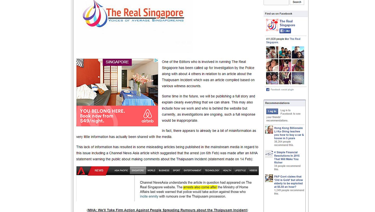 The Real Singapore website is believed to be run by a Singaporean and two foreigners based in Australia. All three are students at the University of Queensland in Brisbane. -- PHOTO: SCREENGRAB FROM THEREALSINGAPORE.COM