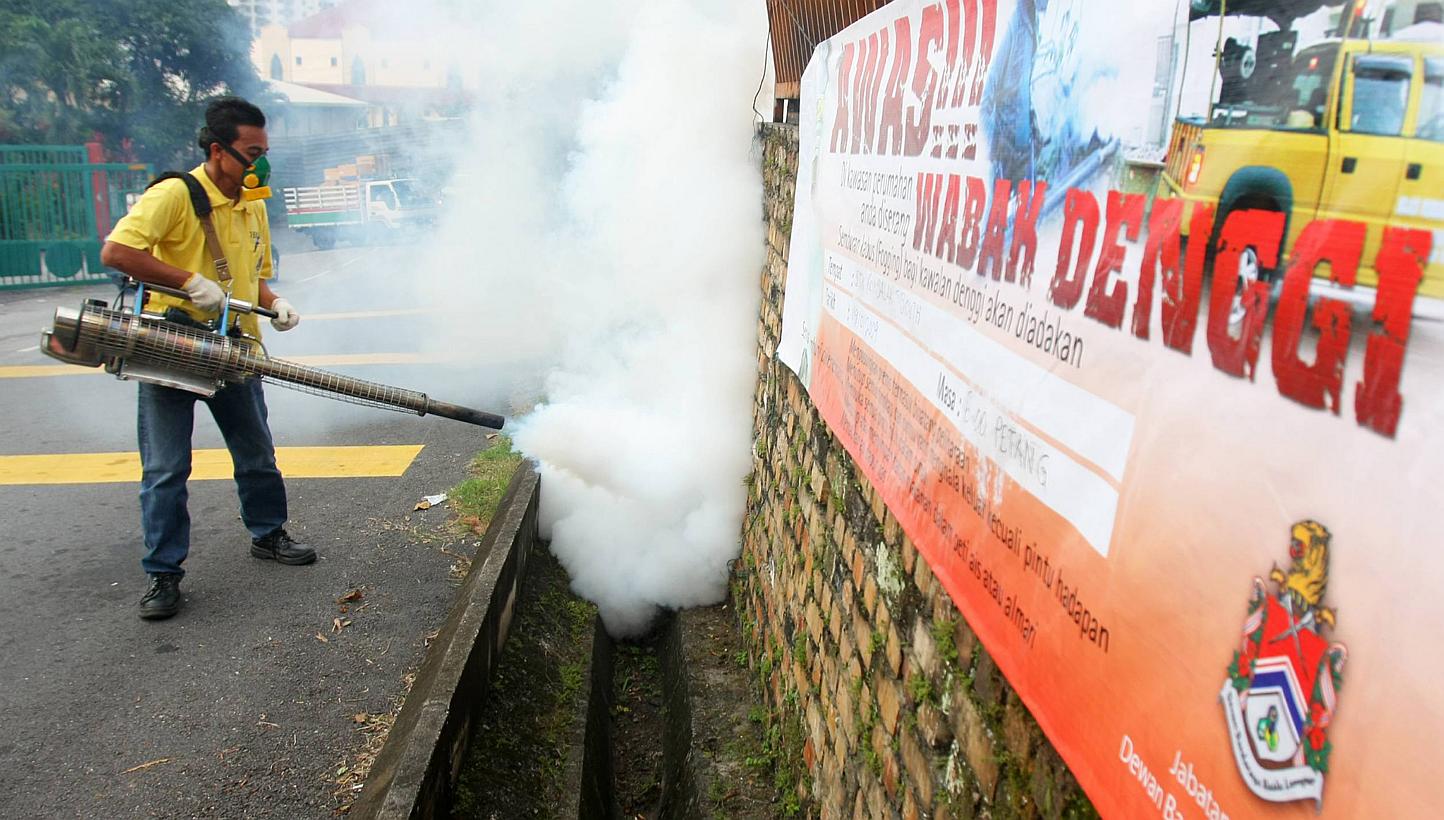 A worker carrying out fogging in mosquito breeding areas in Kuala Lumpur. Malaysia's Health Ministry is trying outdoor spraying of a deltamethrin-based insecticide to kill Aedes mosquitoes in view of the record high number of dengue fever cases recen
