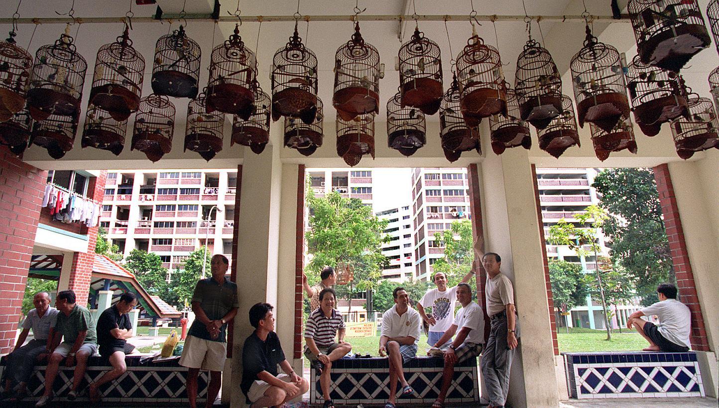 Residents bonding over their shared interest in birds in a void deck in Yishun. A void deck has many social uses, said Mr Chan Chun Sing, and instead of infringing on these spaces, childcare centres can be designed upfront into the second storey or c