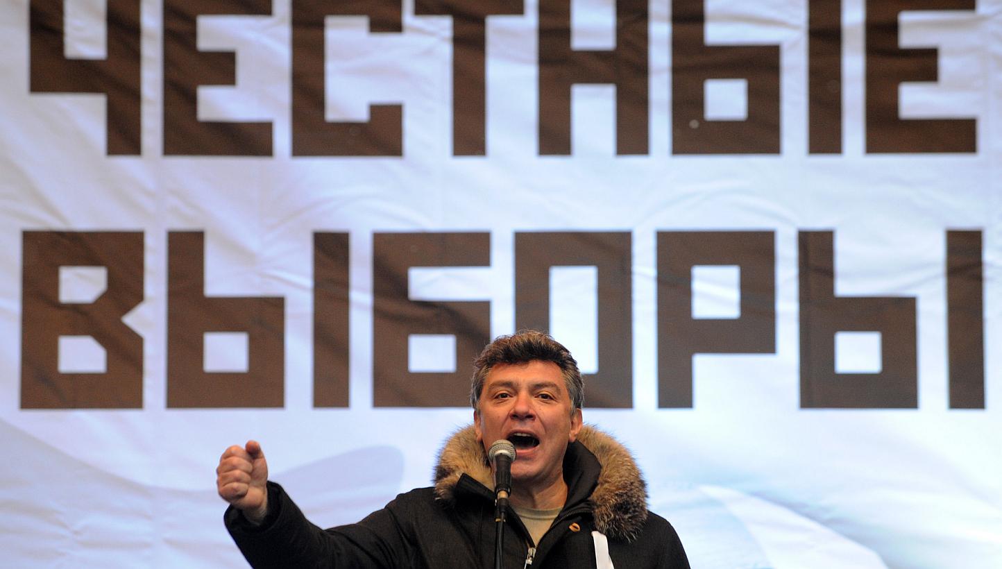 A picture take on December 24, 2011 in Moscow shows one of the leader of the opposition Boris Nemtsov speaking during a rally against the December 4 parliament elections in Moscow. -- PHOTO: AFP