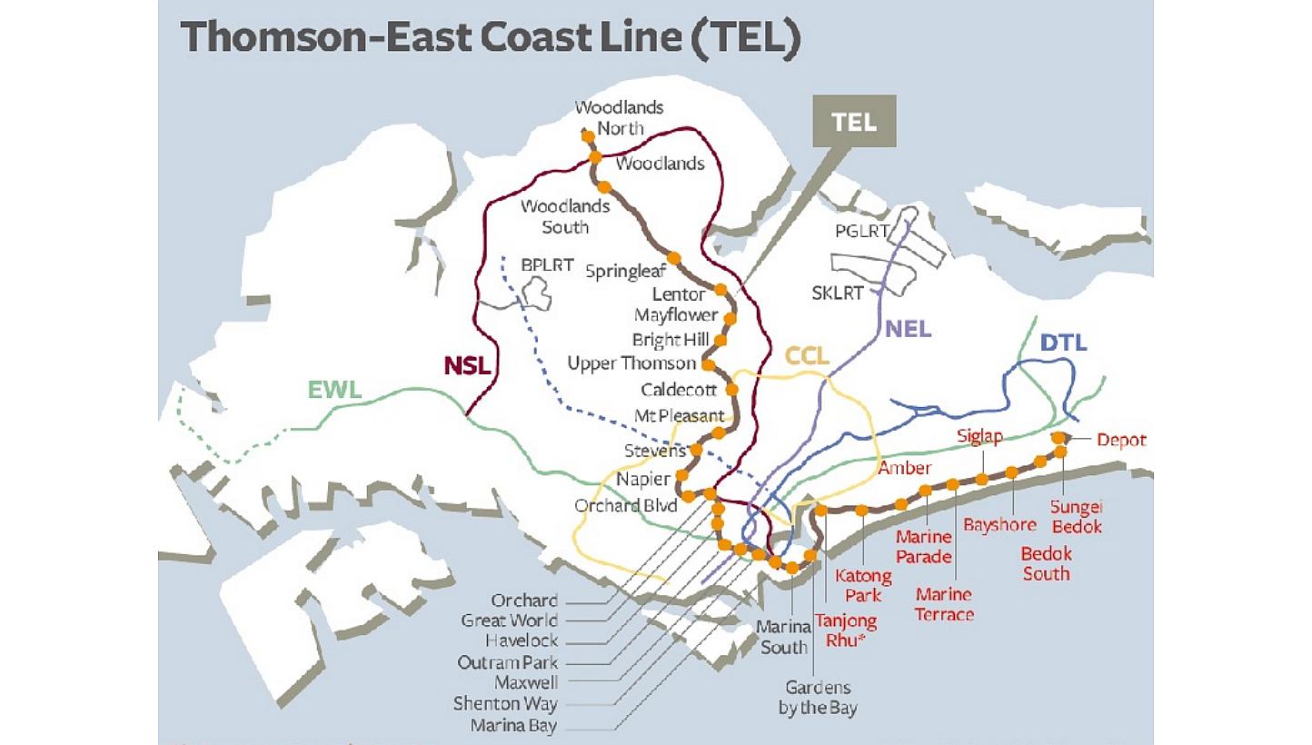 A map of the planned Thomson Line published in August. The MRT line will allow travellers to take the proposed Rapid Transit System link between Singapore and Johor Baru. -- GRAPHIC: BUSINESS TIMES &nbsp;
